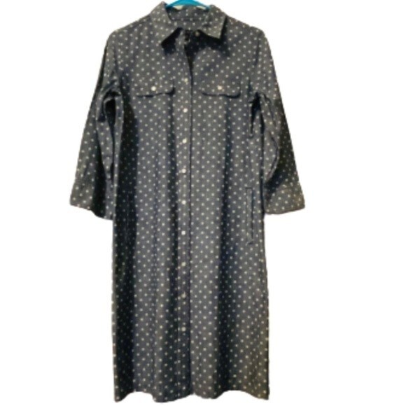 Talbots Blue and White Polka Dot Chambray Shirt Dress With Faux Side Pockets - Picture 1 of 5